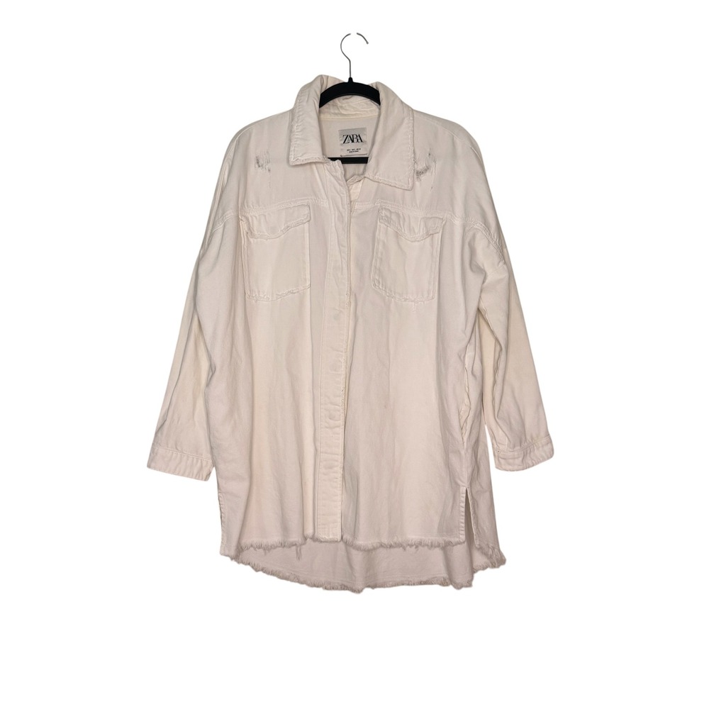Zara White Denim Shacket Oversized Distressed Frayed Hem Jacket Large Casual